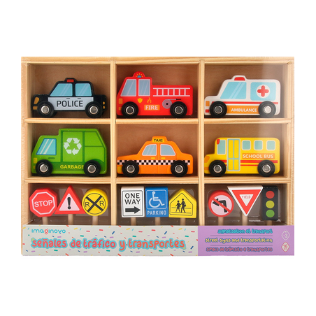 Véhicules et panneaux signalisation en bois 16 pièces