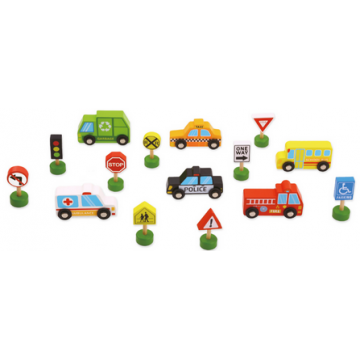 Véhicules et panneaux signalisation en bois 16 pièces