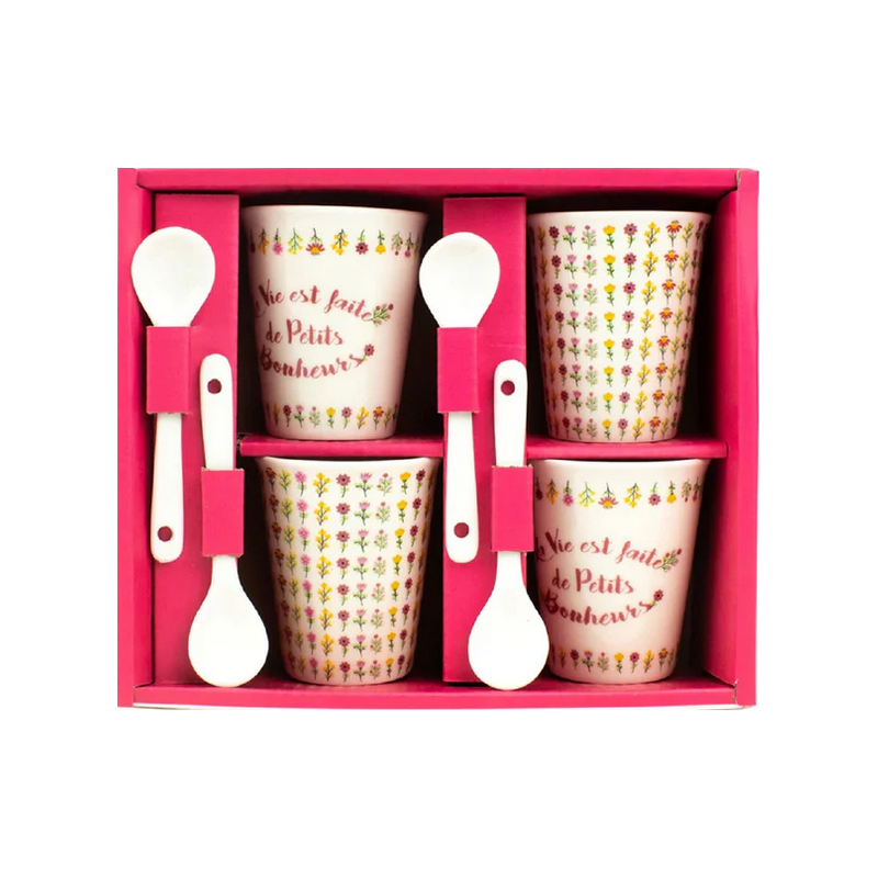 Set 4 tasses + cuillères porcelaine La Vie est faite de Petits Bonheurs