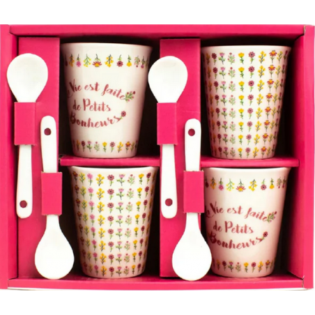 Set 4 tasses + cuillères porcelaine La Vie est faite de Petits Bonheurs