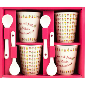 Set 4 tasses + cuillères porcelaine La Vie est faite de Petits Bonheurs