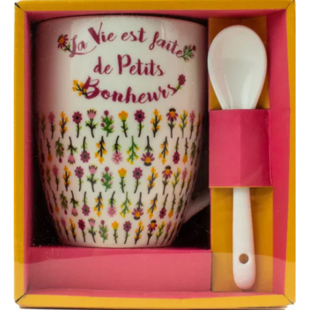 Mug + cuillère porcelaine La Vie est faite de Petits Bonheurs
