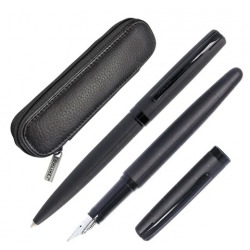 Parure stylo plume+bille+étui cuir Eleganza Noir Style