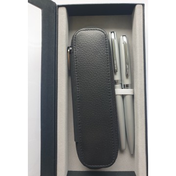 Parure Stylo plume+bille+étui cuir Eleganza argent
