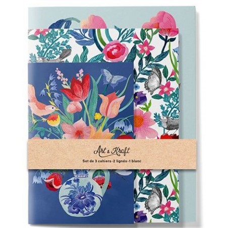 Lot de 3 carnets 64p 80g 2 lignés 1 uni - Série d'Artiste - Fleurs